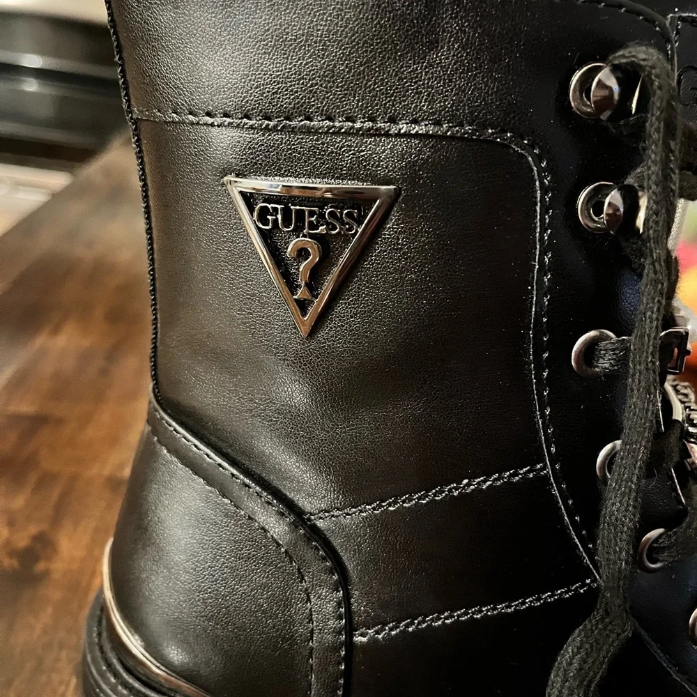 Guess Black Leather Embellished Combat Boots - Picture 4 of 8